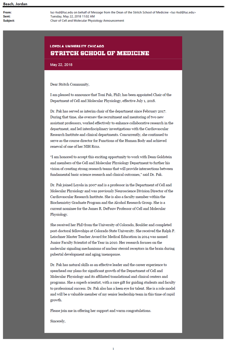 It's official - welcome <a href="/ToniPak1/">Toni Pak</a> as the Chair of Cell and Molecular Physiology at Loyola University Chicago Stritch School of Medicine!

New building, new chair, maybe we should get some new faculty......