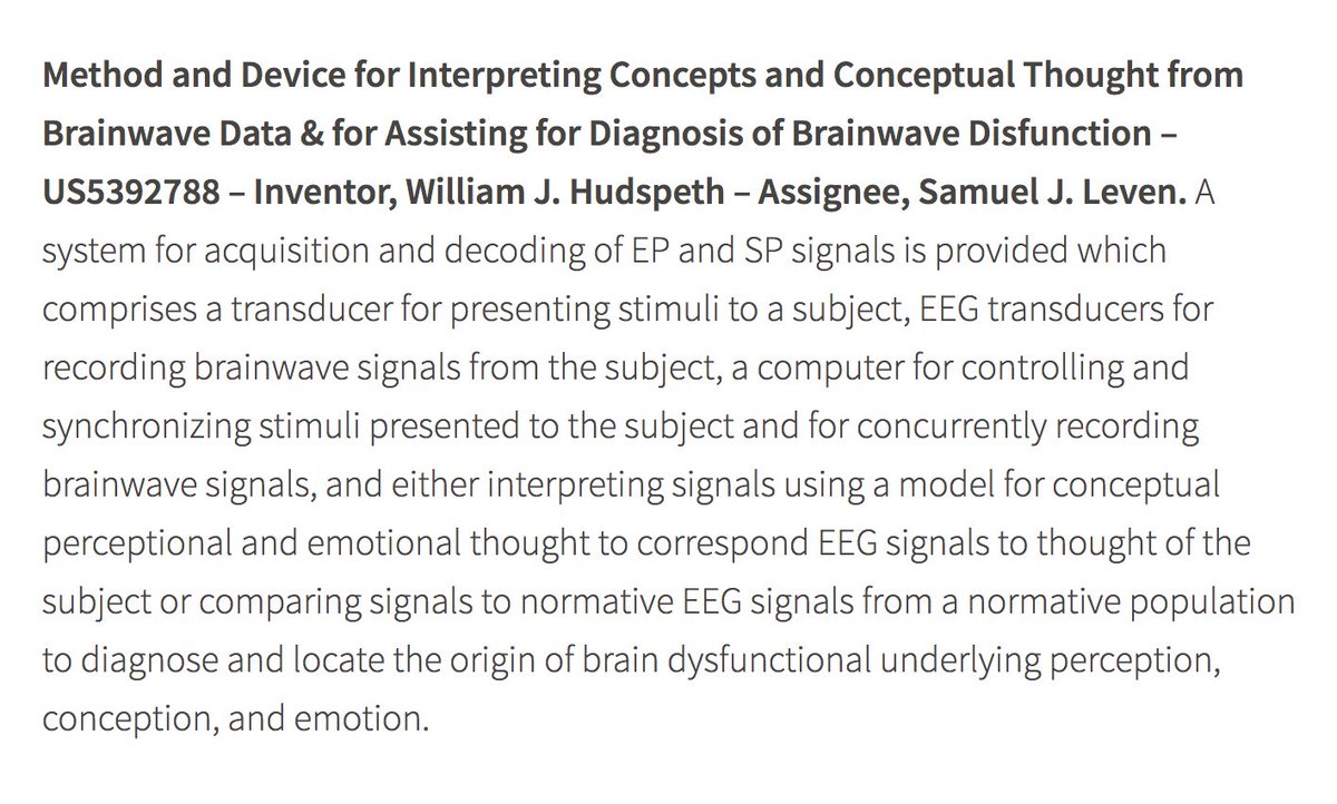 US Patent #5392788Method And Device For Interpreting Concepts And Conceptual Thought From Brainwave Data & For Assisting For Diagnosis Of Brainwave Disfunction. Inventor, William J. Hudspeth – Assignee, Samuel J. Leven.