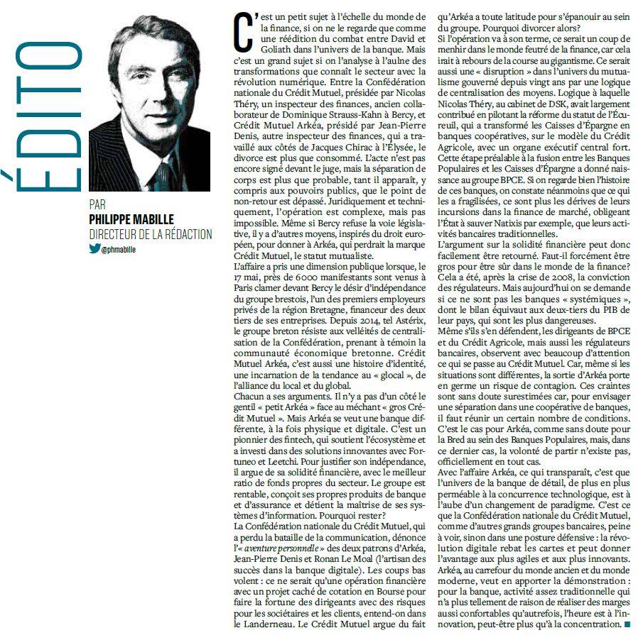 Un bel édito de <a href="/phmabille/">Philippe Mabille</a> sur le combat du <a href="/cmarkea/">Crédit Mutuel Arkéa</a> dans la version hebdomadaire de <a href="/LaTribune/">La Tribune</a>. 
#avisdetempete