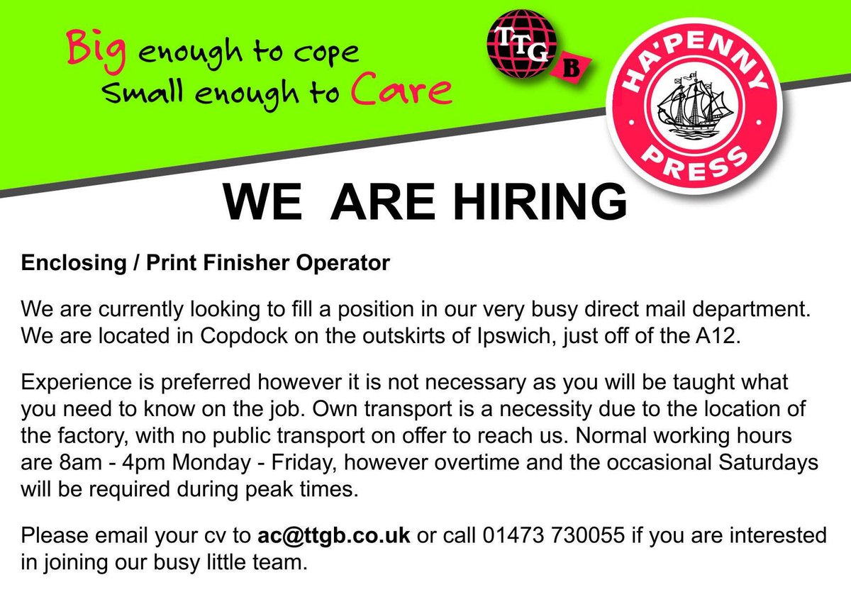 We are looking for a person to join our busy direct mail dept, if you are interested please contact me