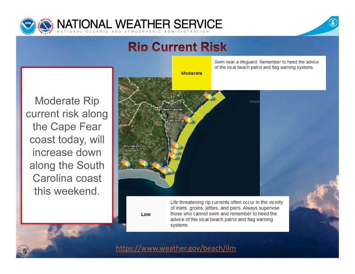 NewHanoverCo's tweet photo. Are you heading to a @NewHanoverCo beach today or this weekend? Please use caution, there is a moderate rip current risk along the Cape Fear coast. Swim near a lifeguard & follow advice of beach patrol & flags. #RipCurrentRisk #NHCgov #WrightsvilleBeach #CarolinaBeach #KureBeach https://t.co/vDvFF7KNAb