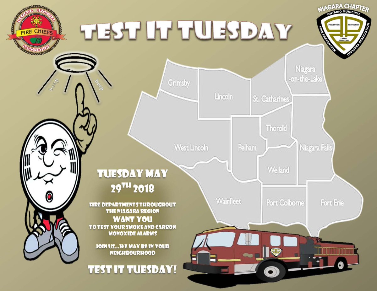 NOTLfiredept's tweet photo. On Tuesday May 29th Fire Departments throughout the Niagara Region want you to test your smoke and carbon monoxide alarms. https://t.co/aiMlUDGwJJ