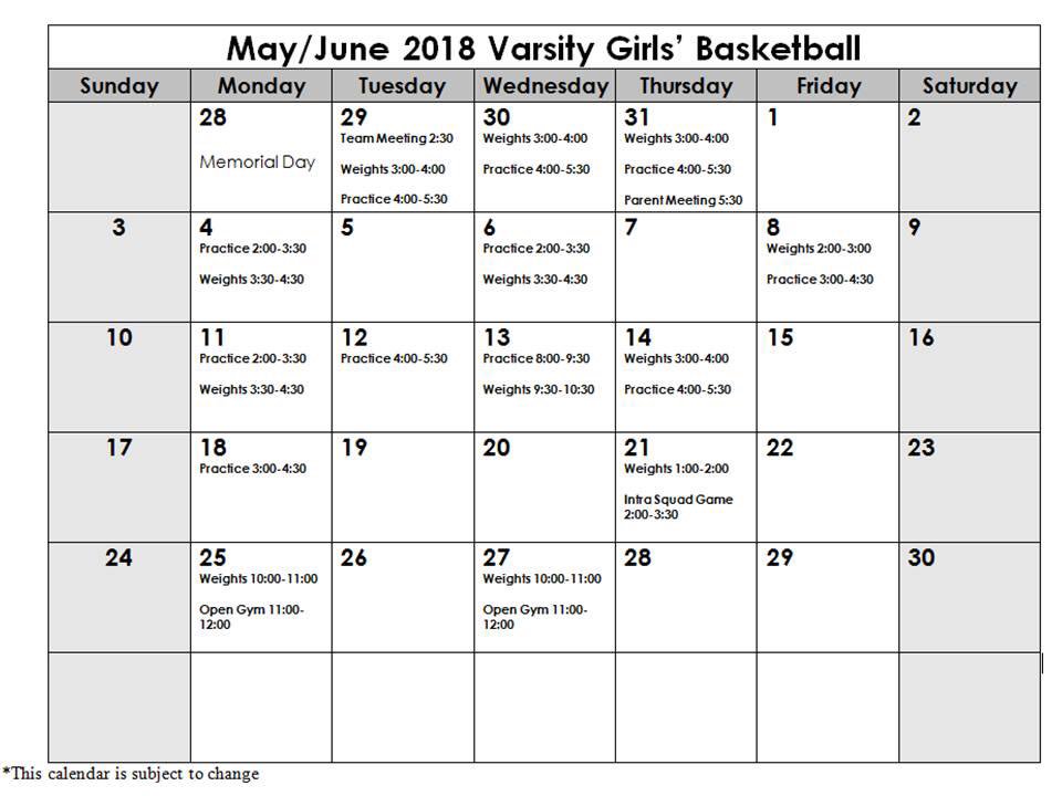 NHHS Girls Varsity Basketball Important Dates for May and June