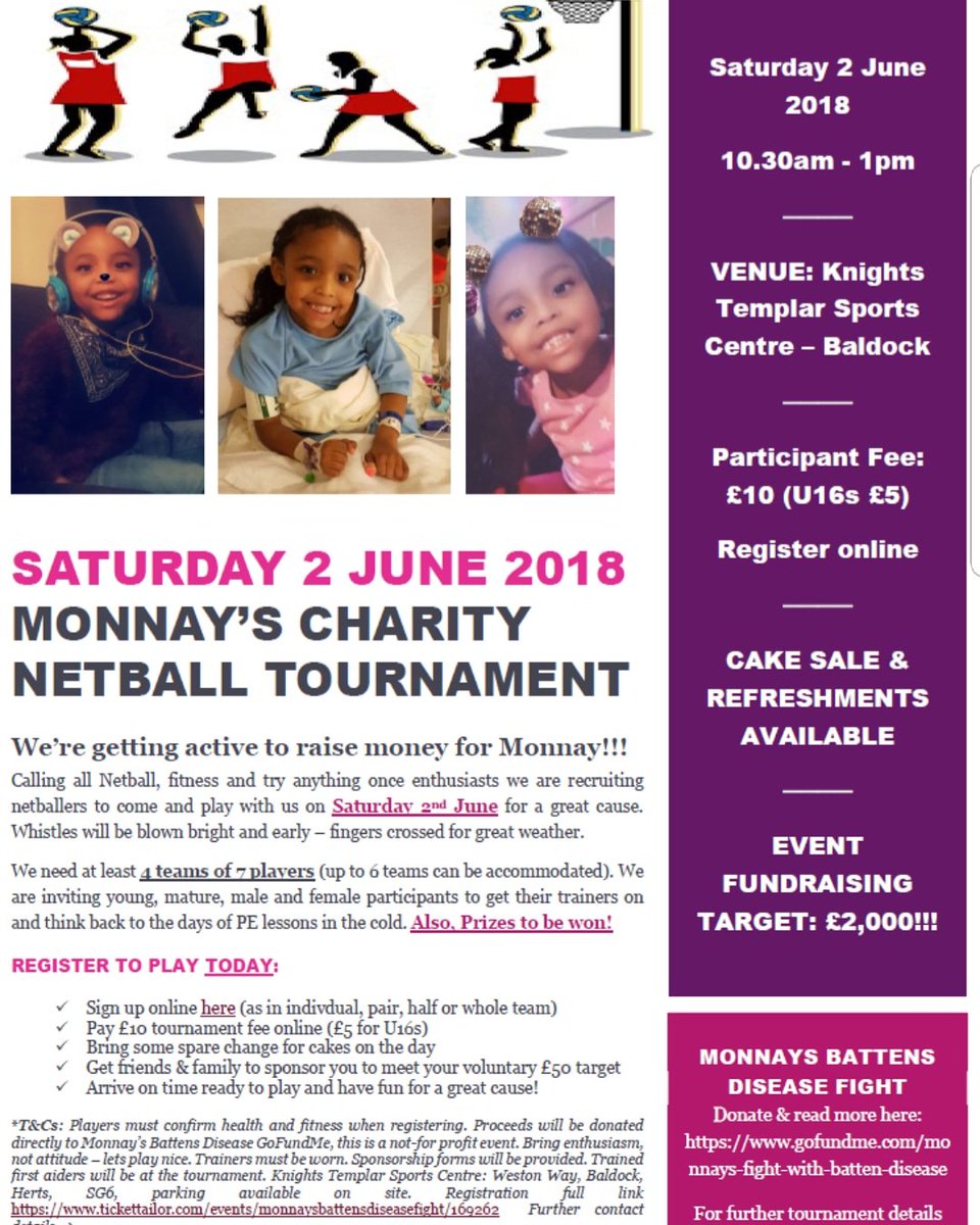 We are raising money for #battensdisease w/ a #netballtournament in #Hertfordshire on 2nd June! tickettailor.com/events/monnays… us today or even register to come and play! 

gofundme.com/monnays-fight-… #charity #netball #getactive