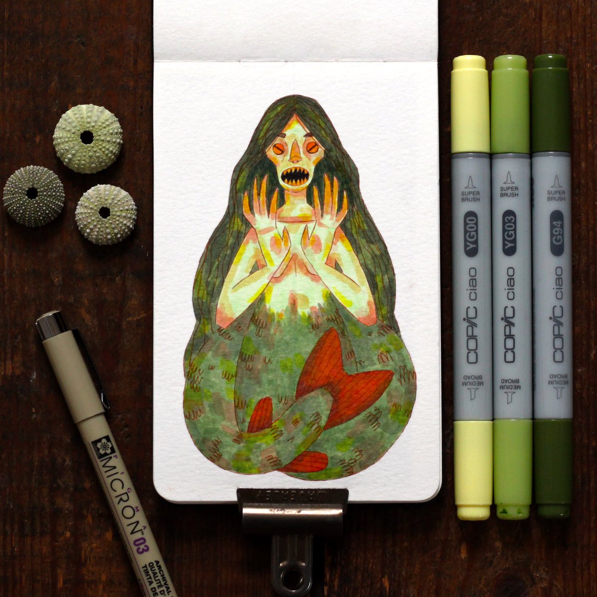 fawnlorn's tweet photo. Peg Powler for MerMay. 💀 Peg Powler is a hag and water spirit in English folklore who inhabits the River Tees and drags children into the water if they get too close to the edge. #illustration #mermay #mermay2018 #pegpowler https://t.co/4JkIWLerlM