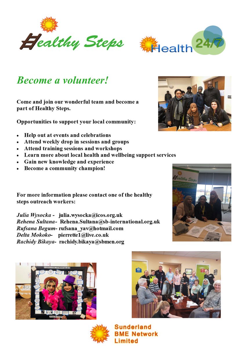 Become a volunteer! Please contact one of our outreach workers for more information on volunteering and health support services in Sunderland. #healthysteps #sunderland #volunteering