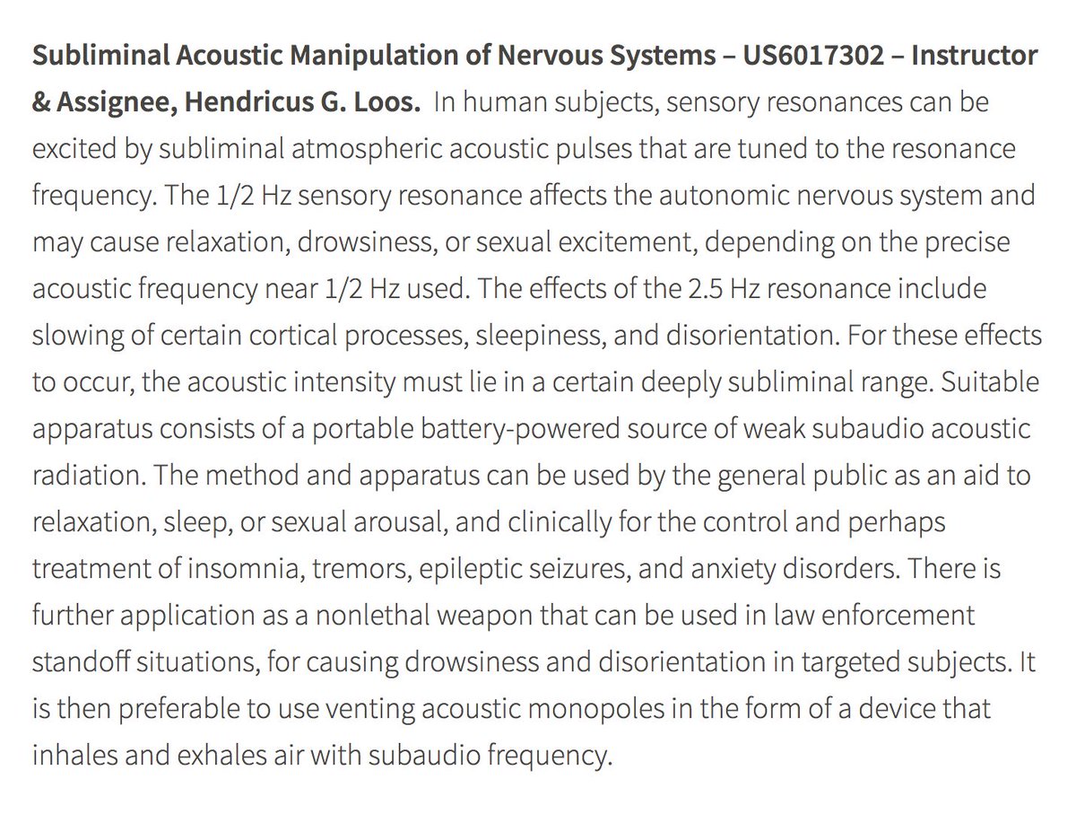 US Patent #6017302Subliminal Acoustic Manipulation Of Nervous Systems.Instructor & Assignee, Hendricus G. Loos.