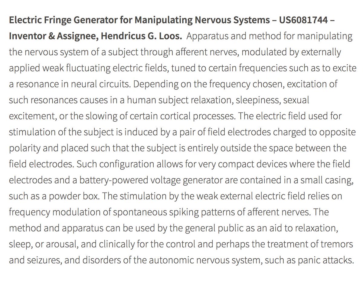 US Patent #6081744Electric Fringe Generator For Manipulating Nervous Systems. Inventor & Assignee, Hendricus G. Loos.