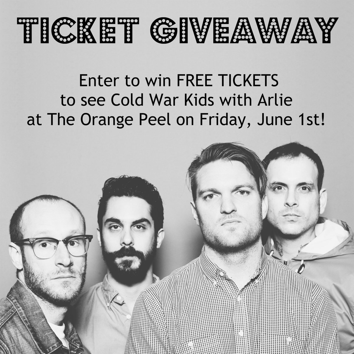harvestrecords's tweet photo. RT for a chance to win FREE TICKETS to see @ColdWarKids with @arlieband at @ThePeel on Friday, June 1st! We will announce a winner on Monday! https://t.co/N16l9eIqt1 https://t.co/kHC9pf2xRu