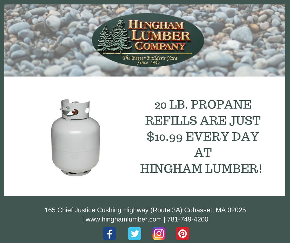 HinghamLumber's tweet photo. Don't go anywhere else for propane refills without checking Hingham Lumber first! Refills on a 20lb tank are just $10.99. #propane #propanerefill #bbq #southshore #cookout https://t.co/NIcR0lWyxc