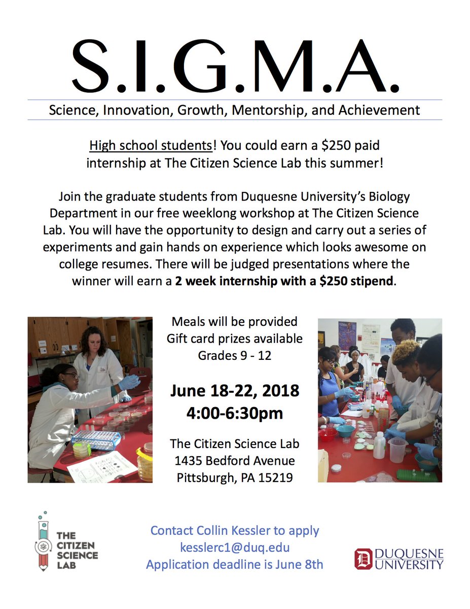 citizenscilab's tweet photo. SIGMA is looking for African American high school students to participate in their FREE weeklong workshop hosted at our lab!  Students will work with Duquesne University graduate students &amp; gain hands on lab experience! Contact Collin at kesslerc1@duq.edu for more information! https://t.co/kHbvYB3zs1