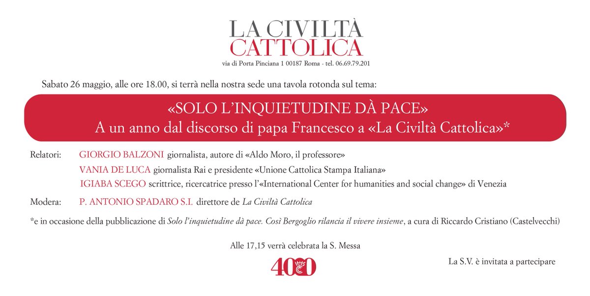antoniospadaro's tweet photo. Domani (sabato 26 maggio) appuntamento per gli #INQUIETI a Civiltà Cattolica @civcatt 
Ore 18.00 https://t.co/EUw3kic8O8