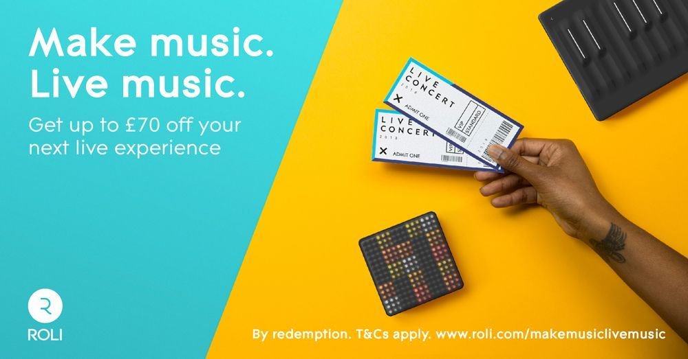 reddogleeds's tweet photo. Get money off your next gig with @WeAreROLI! Get up to £70 @TicketmasterUK vouchers when you buy Lightpad M, Seaboard Block &amp; Rise from us. 😎 https://t.co/l4zva97ZW2 https://t.co/INpDCC8wHk