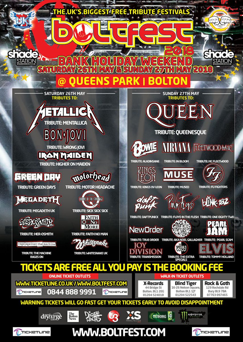 .<a href="/Boltfestival/">Boltfest</a> 2018 starts tomorrow, and there is just a handful of tickets left! Don't miss a packed line-up of over 40 live tribute acts &amp; much more for all the family! Tickets: bit.ly/TLBoltfest18
