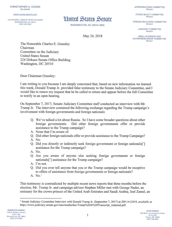 kylegriffin1's tweet image. Sen. Chris Coons says that Don Jr. may have lied in his testimony to the Senate Judiciary Committee, tells Chuck Grassley that he wants Don Jr. to come back and testify before an open hearing.
