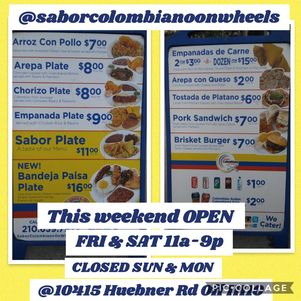 #saborcolombianoonwheels 
#sanantoniofoodtruck 
#colombianfoodtruck
#comidacolombiana
<a href="/10415/">venkateswar bollam</a> Huebner Rd Off IH10
210-639-7922