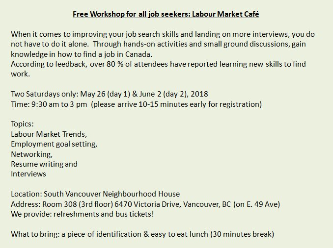 ericsouthvan's tweet photo. Free Workshop for all job seekers: Labour Market Café, May 26 (day 1) &amp; June 2 (day 2), 2018: 9:30 am to 3 pm, Register: https://t.co/ay14eQJPwR
When it comes to improving your job search skills and landing on more interviews, you do not have to do it alone. #Job #Coaching https://t.co/1rLneqJaB1