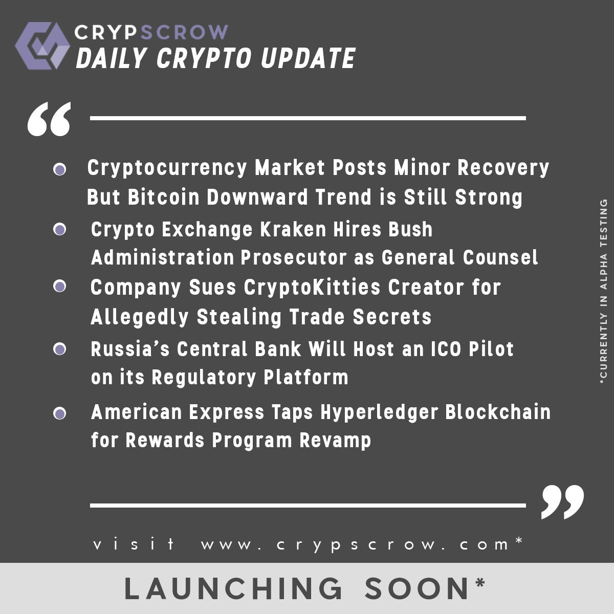 CrypScrow's tweet photo. #dailycryptoupdate #cryptonews #cryptomarket #minor #recovery #bitcoin #bearish #kraken #hires #bushadmin #prosecutor #generalcounsel #cryptokitties #sued #tradesecrets #russian #centralbank #pilots #ico #amex #hyperledger #blockchain #rewardsprogram #crypscrow https://t.co/3tf4UNTP7n