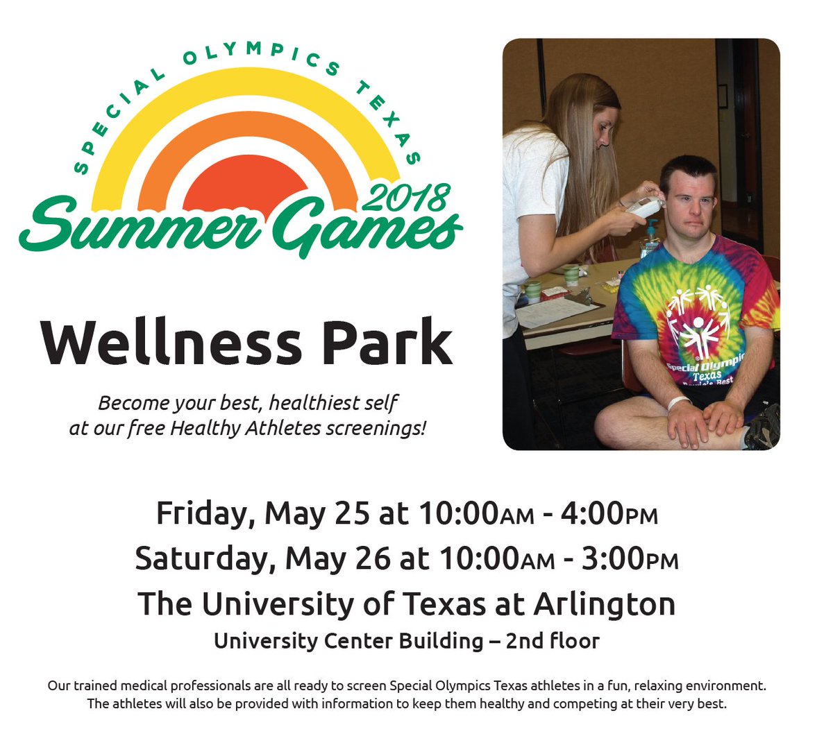 SOTexas's tweet photo. Today and tomorrow go to Wellness Park at the University Center in UT Arlington, where ALL #SOTX athletes at Summer Games are provided FREE health screenings, including vision, dental and hearing. Thank you Healthy Athletes! https://t.co/ltUeIwDEC2 https://t.co/abKkn7uBIm