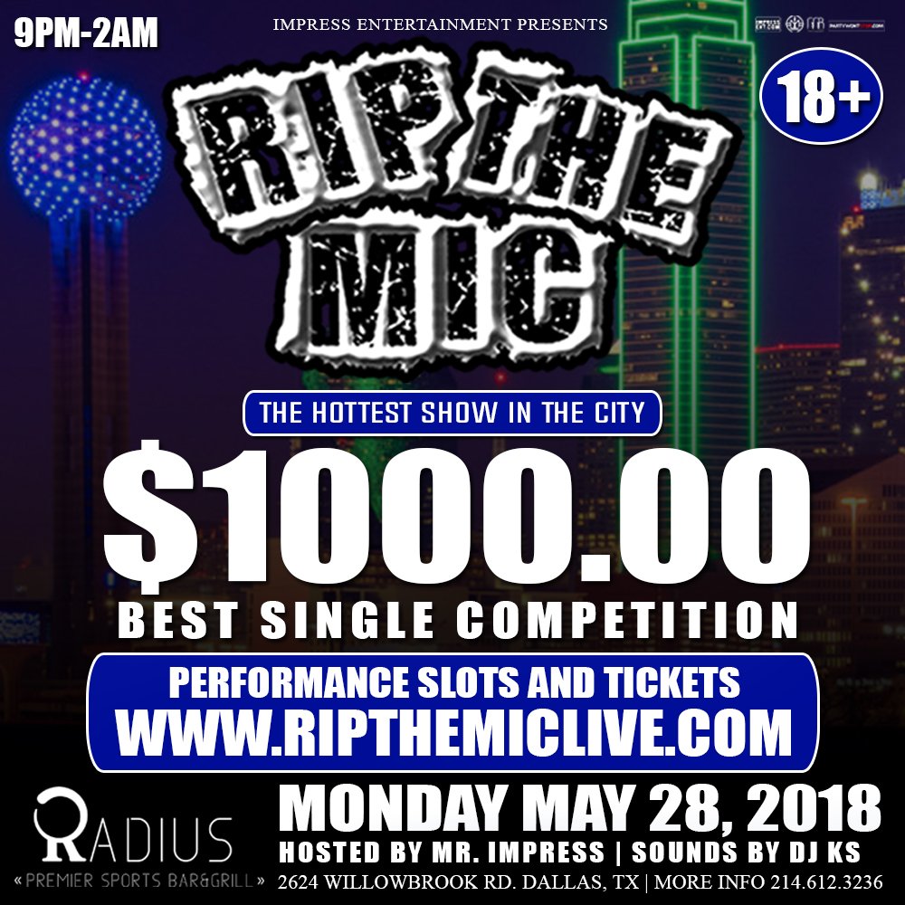 RipTheMicLive's tweet photo. Monday May 28th .. $1000 Best Single Competition @ Radius Gold Bar! Free Tickets Online! Sign Up at https://t.co/SRpvlFDoAv (214.612.3236) #RipTheMic #RipTheMicLive https://t.co/u0Jr8sLScD