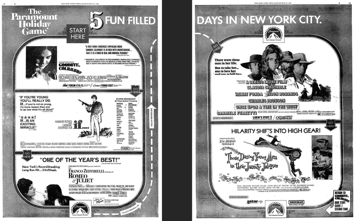 Your NYC Memorial Day movie options from ParamountPictures in 1969: GOODBYE COLUMBUS, IF..., ROMEO & JULIET, ONCE UPON A TIME IN THE WEST, THOSE DARING YOUNG MEN IN THEIR JAUNTY JALOPIES. JALOPIES aka MONTE CARLO OR BUST in the UK;changed here to cash in on KenAnnakin's prev. hit