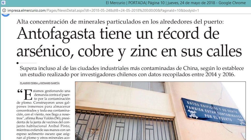 Gran impacto generó la difusión hecha por la <a href="/SocGeodeChile/">SocGeoChile</a> 
sobre el estudio de niveles de arsénico en Antofagasta.
impresa.elmercurio.com/Pages/NewsDeta…