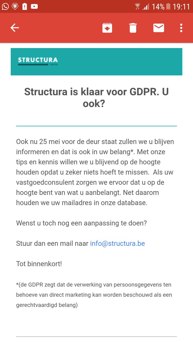 Patrick_Saeys's tweet photo. @davelorrez En wie is de gelukkige verzender wel? Ook een mooie gehad van Structura. Ik versta: gewoon een mailtje om te zeggen dat gdpr ons geen bal kan schelen? https://t.co/yWX2MW4mC8