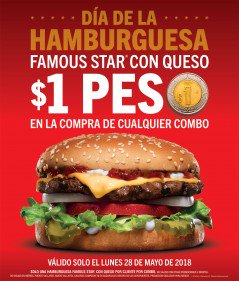 angelBasultoo's tweet photo. Este 28 de mayo me lanzo a @CarlsJrMx porque es el Día de la hamburguesa y está genial la promoción, Famous Star con Queso a sólo $1 peso al comprar cualquier combo!! Manda tu peso #ALaBurger!ALaBurger https://t.co/h0lxFXYZeE