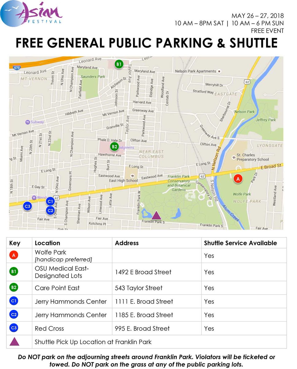 Here are the parking lot locations for this weekend. Parking is FREE and there are FREE shuttles to and from each parking lot to the Asian Festival. Please do not attempt to drive into Franklin Park to find parking. Only those with a parking permit will be allowed into the park.