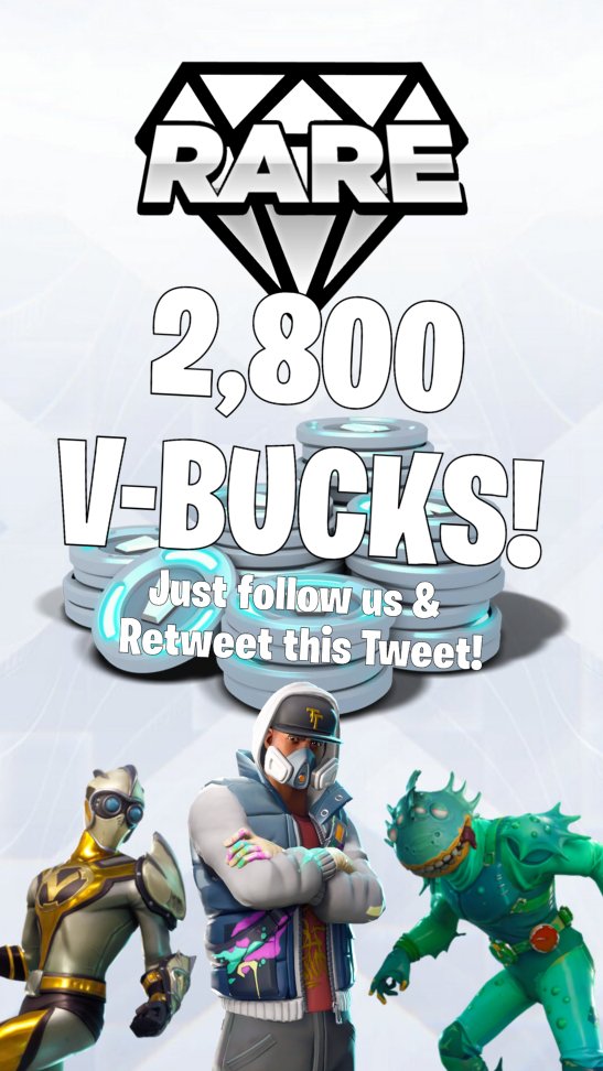 VeryRareGG's tweet photo. ⚠️2,800 V-BUCKS GIVEAWAY!⚠️

1. Follow us! (@VeryRareGG)
2. Retweet &amp; Like this Tweet! 
3. Tag a friend! 

⚡️Winner chosen Monday, May 28th at 6pm EST. Reward is the cash equivalent of V-Bucks, so the winner must have PayPal.⚡️

#fortnite #giveaway #DARE2BRARE💎 https://t.co/zKfXtvTARQ