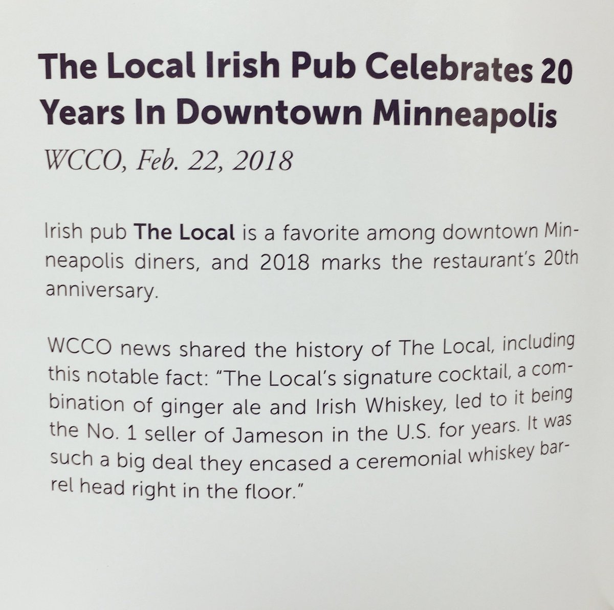 Our friends at <a href="/TheLocalMpls/">The Local</a> (A Cara Irish Pub Concept) were featured in Volume 1 of Tripleseat’s new magazine, Seated as a customer spotlight!  Can’t believe their celebrating 20 years.  Got to love a good #local shout out. ❤️  Thanks to <a href="/Tripleseat/">Tripleseat</a> for the great content👌