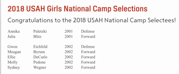 Congrats to @EllieDeCarlo on being selected to participate in the 2018 USA Hockey National Development Camp in St. Cloud, MN! All of us are so incredibly proud of you!  #allheart #makingdreamsreality