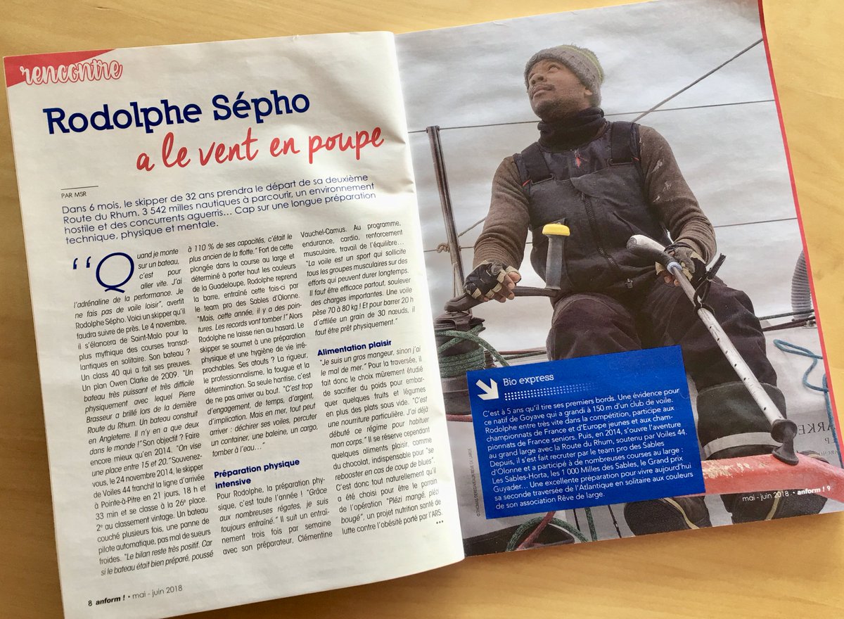 RodolpheSepho's tweet photo. [PLÉZI BOUJÉ PLÉZI MANJÉ] A lire dans #anform l'article sur @RodolpheSepho qui participera à la prochaine ⛵️ @routedurhum. @Sport et @nutrition sont évoqués dans ce magazine de la #santé. Logique puisque Rodolphe soutient le programme nutrition de l'@ars_guadeloupe 🍎🍉🍍🥒 https://t.co/0OMcTyCwvc