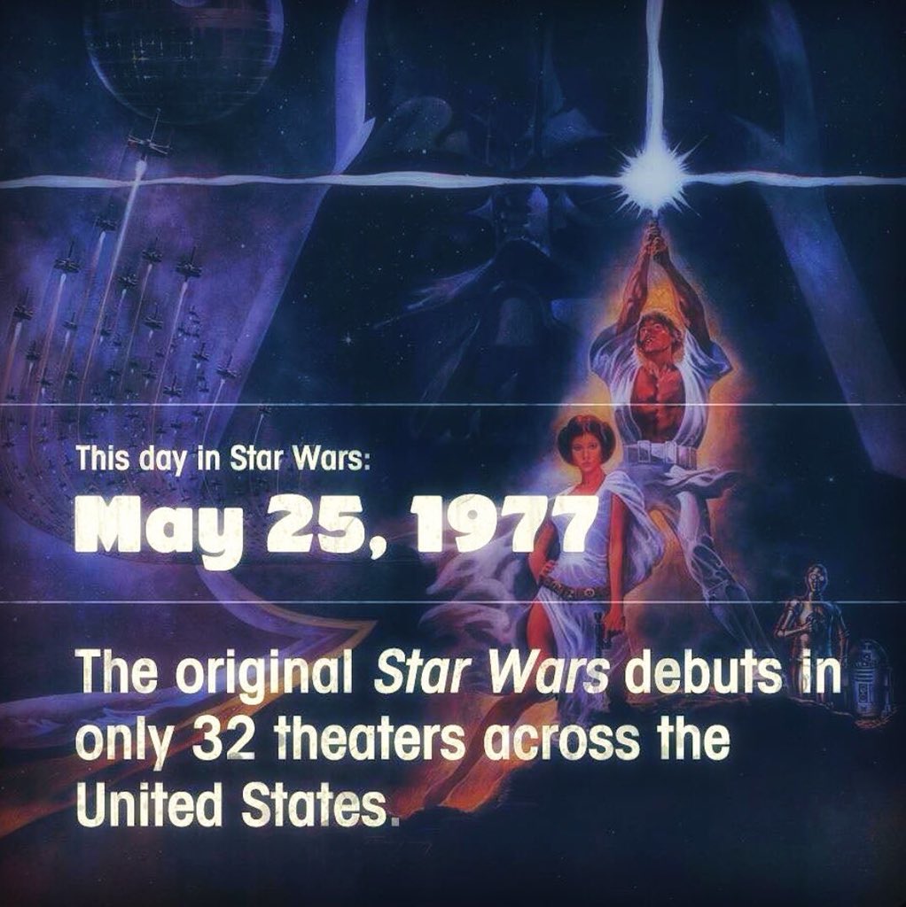 MarkHamill's tweet image. FUN FACTS-1) When #StarWars opened in 32 theaters on 5/25/77 there was NO POSTER due to disagreement on how to properly promote it in a single image.
2) It would eventually run in theaters for OVER A YEAR, until 11/7/78 in a time before hime video.