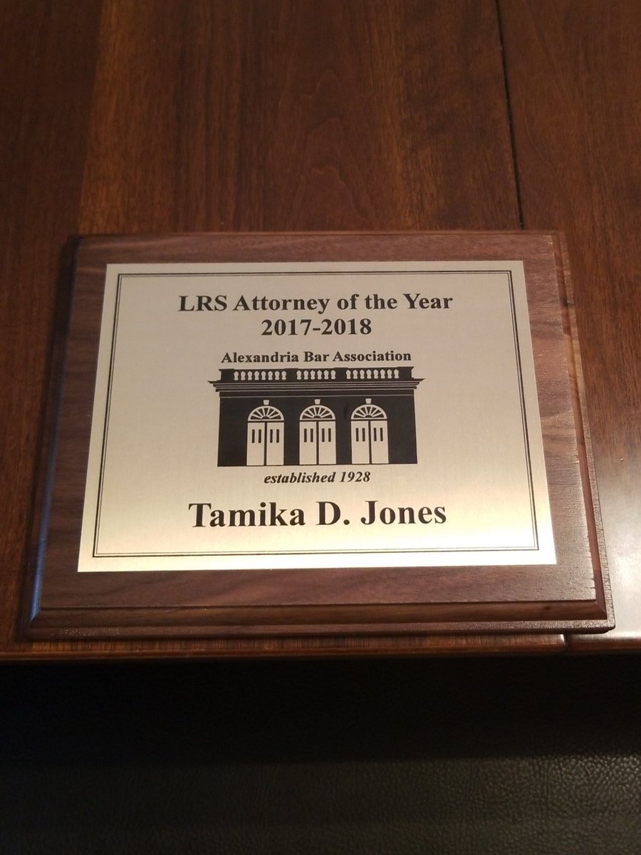 JONESPRACTICE's tweet photo. We are proud to announce that Attorney Tamika Jones was awarded LRS Attorney of the Year for 2017-2018 by the #AlexandriaBarAssociation https://t.co/9CvMUUKmPe https://t.co/j4MD1YrDeX