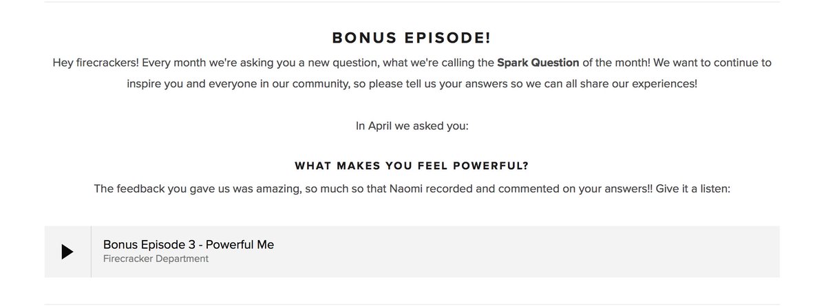 Firecrackerdept's tweet photo. ATTN ALL DEPARTMENT MEMBERS! A new BONUS episode is out! We recorded your answers to our #sparkquestion in April "What makes you feel powerful"? Check it out: https://t.co/nY1mmDz1n7 https://t.co/Vvu1GkmnCg