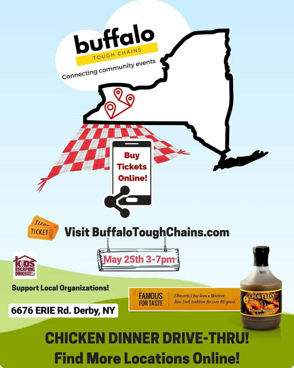 BuffaloTuffChnz's tweet photo. Chiavetta's Chicken BBQ Fundraiser 3pm @ 6676 Erie Rd. DERBY, NY. $10 Drive-thru. Benefits Kids Escaping Drugs. Help connect Buffalo!! 
❤️⛓🍗 https://t.co/OMRqUR4sbZ