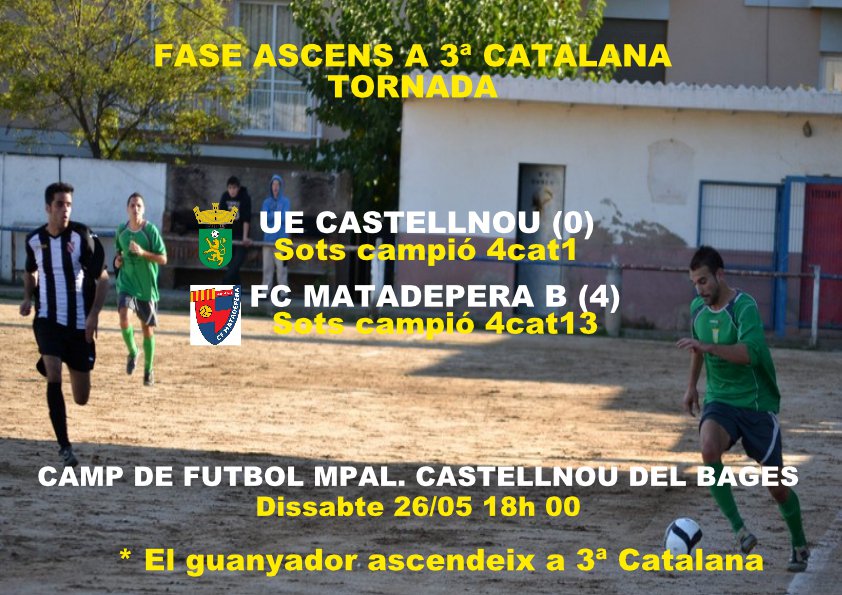 BucetaFidel's tweet photo. Tornada #Promoascens #3cat
La @UCastellnou intentarà una gesta davant la seva propia afició. Amb un desavantatge de 4 gols, els del #Bages reben al segón equip del @amaterAcfm i el guanyador podría ocupar una plaça al #3cat7 en la propera temporada. #Futbolcat @regionalfutbol https://t.co/GSLHamInhi