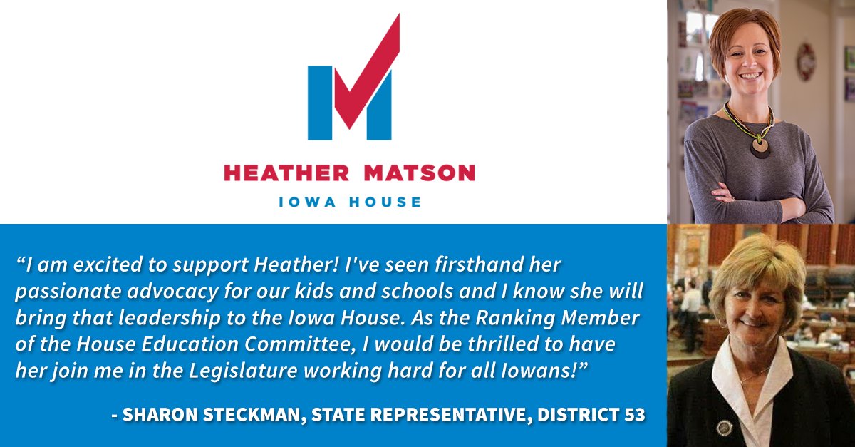 MatsonForHouse's tweet image. ENDORSEMENT ALERT!

Thank you .@SSteckman! State Rep Sharon Steckman is one of the hardest working &amp;amp; thoughtful legislators I know. As an educator, she knows what's at stake for our public schools if we don't flip #HD38. I'm proud to count her as a friend &amp;amp; supporter! #TeamMatson