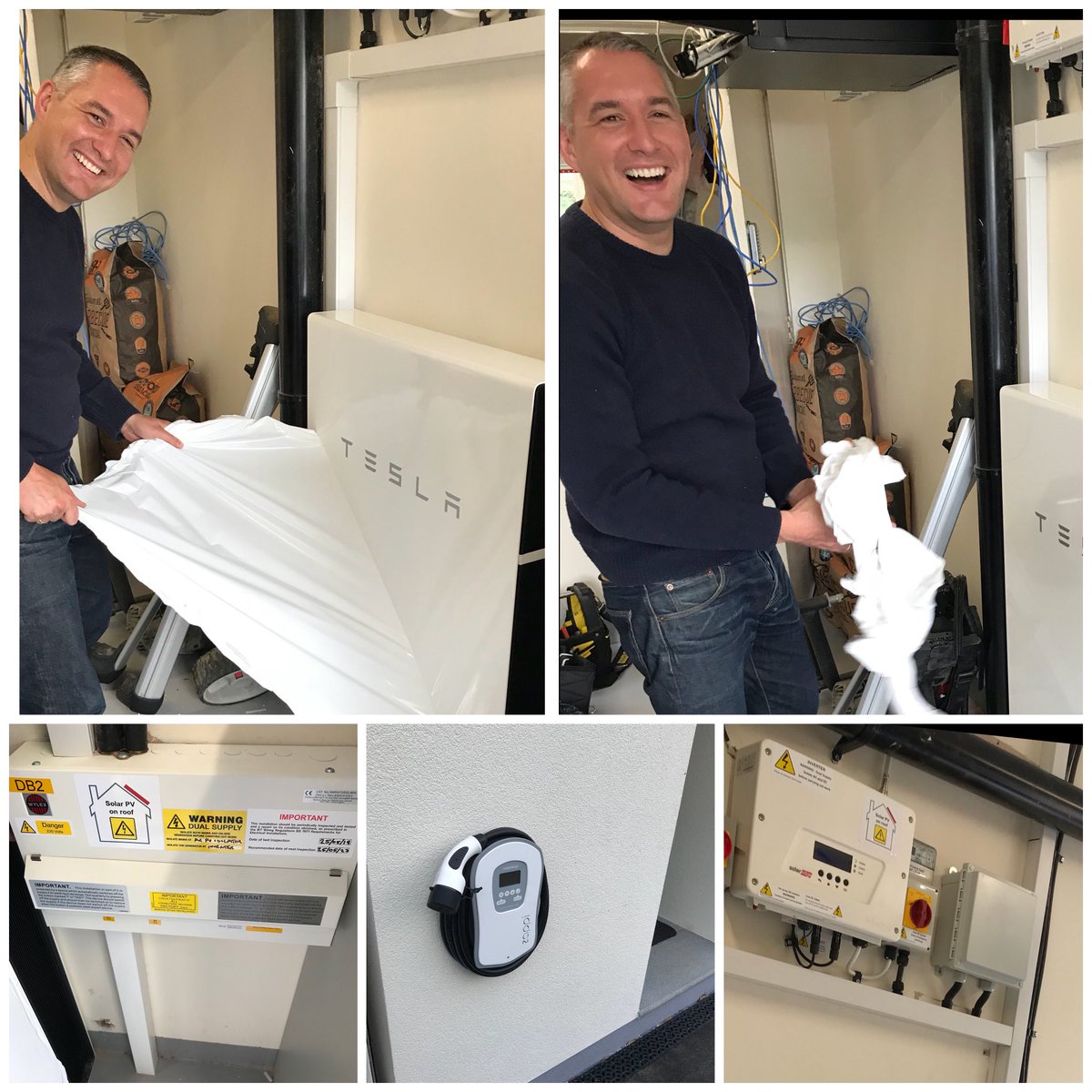 Markk3rr's tweet photo. So today we @jojusolar had the big reveal with @geoffnewman inspired by the @FullyChargedShw . His @teslapowerwall @SolarEdgePV and Zappi EV charger have put him fully in the driving seat now with his energy usage. One happy customer it has to be said. https://t.co/odqRFeb7WE