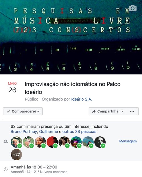 No Palco Ideário de Maio, uma edição dedicada à improvisação não idiomática e pesquisas em música livre: goo.gl/y74SSM. Como sempre, serão três concertos. Como nunca, lançamento de dois vídeos e gravação ao vivo com Rata Satana. #show #improvisação