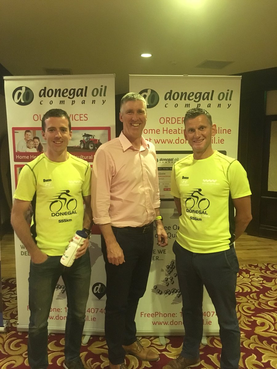 DonegalUltra555's tweet photo. Delighted to have Donegal Oil as a main sponsor. The company will have an all ladies eight-team in this year’s race. 
Pictured are race directors @shaunstewie13 &amp; Sean Mc Fadden with @DonegalOil owner Arthur Mc Mahon at the race information night. #dawur2018 #donegal #cycling https://t.co/qq6Sywr23u