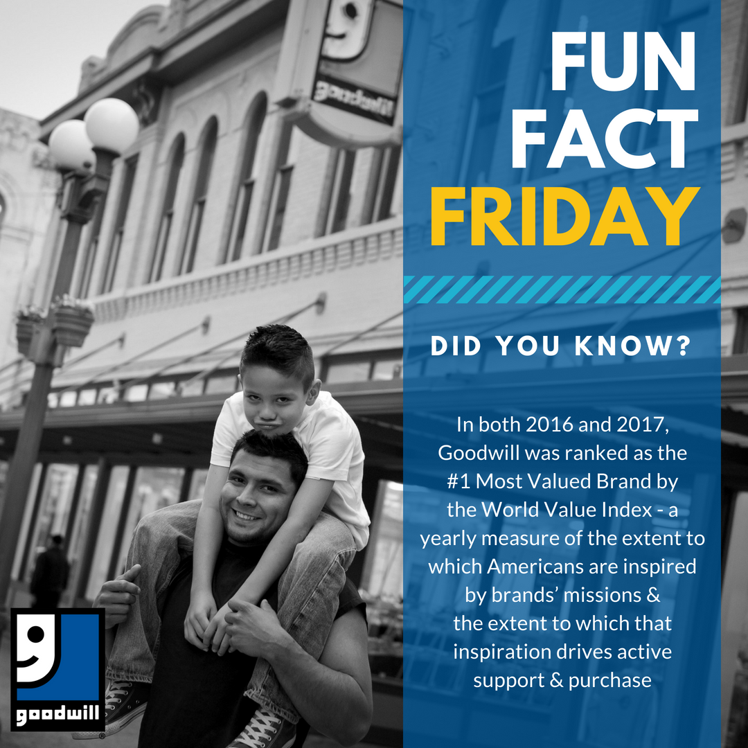 goodwillcfl's tweet photo. Did you know? In both 2016 &amp; 2017, #Goodwill was ranked as the #1 Most Valued Brand by the #WorldValueIndex - a yearly measure of the extent to which #Americans are #inspired by brands' missions &amp; the extent to which that inspiration drives active #support &amp; #purchase https://t.co/Qs6ttQXQwh