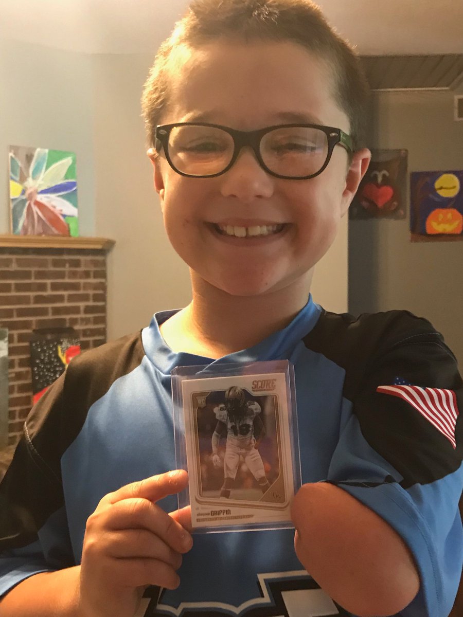 ShawnFinney2's tweet photo. Jack got a surprise before his baseball game today. His new favorite NFL players card that we ordered him arrived in the mail #shaquemgriffin   As you can tell he is pretty excited. Keep on inspiring young “nubbies”, Shaquem! 😀 https://t.co/gdxOeiHKEg