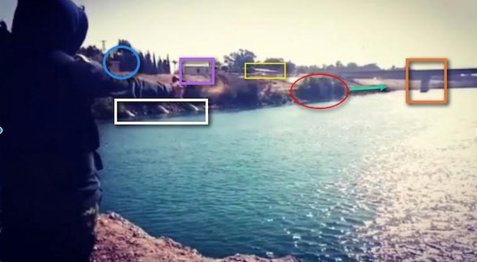 24. The only spot that matched that exact angle to the bridge & the composition of buildings & shrubs was in a bend of the Euphrates near Raqqa. And for the angle to be replicated like it was in the picture, the shooter had to be standing on an island inside the river: