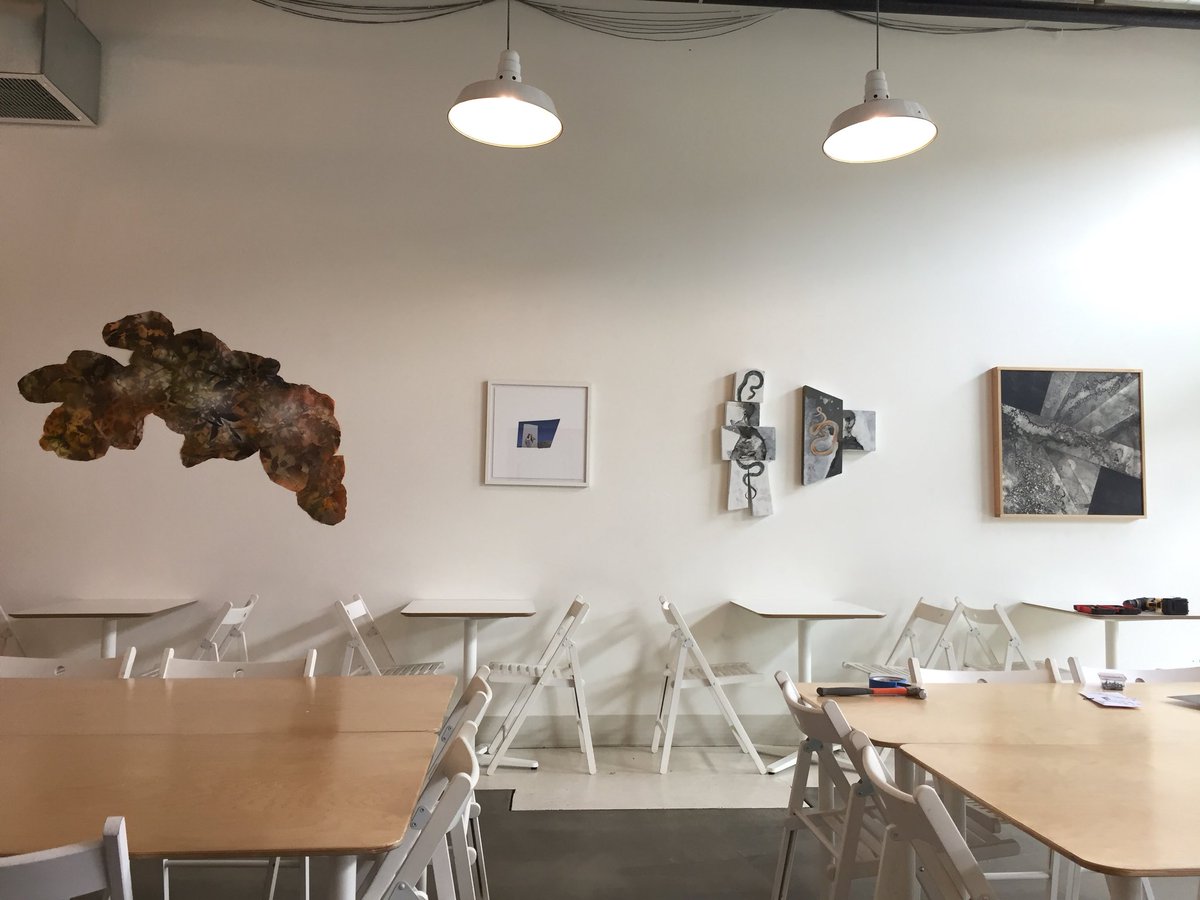 anti_aesthetic's tweet photo. Getting ready for tomorrow night’s opening with @grayspaceproj and @artwritebook. Work here by (L-R) Kathleen Caprario, Sandee McGee, Andy Meyers, and Michael Boonstra. https://t.co/5qqJnLXFa5