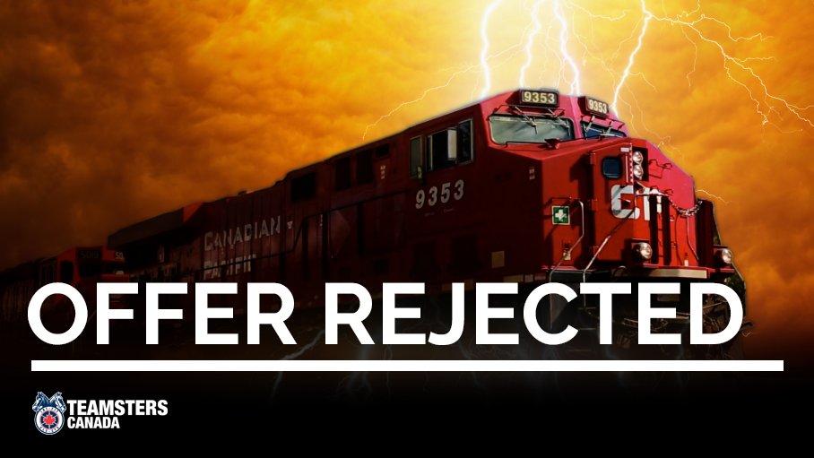 TeamstersRail's tweet image. Laval, QC, May 25, 2018 – Members of the Teamsters Canada Rail Conference (TCRC) at Canadian Pacific (CP) voted 98.1% to reject the company’s final offer. Turnout for the electronic vote was approximately 77% teamstersrail.ca/Teamsters_vote…