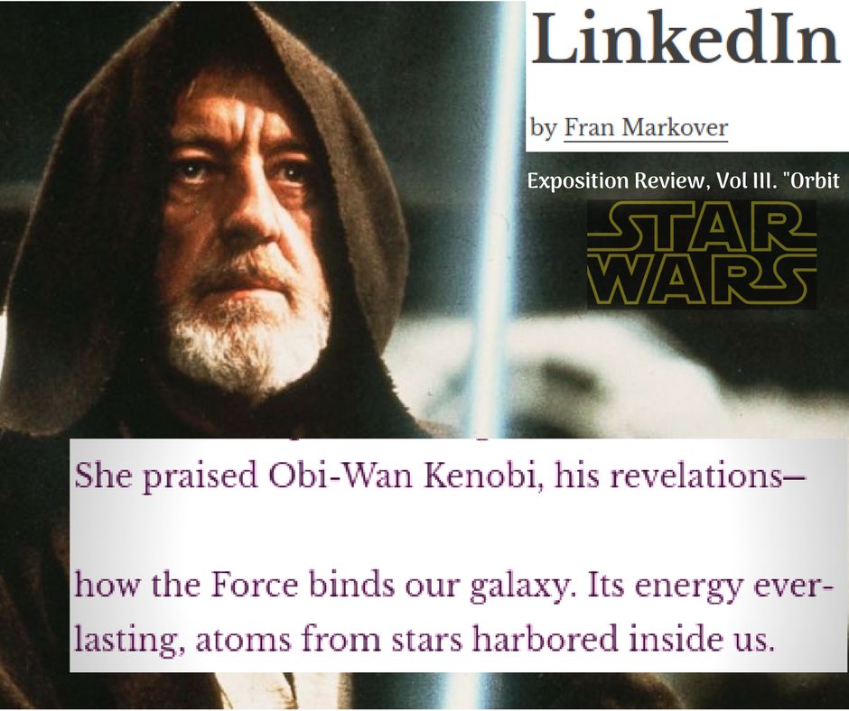 ExpoReviewLit's tweet photo. Today may be #SoloAStarWarsStory’s release date, but we have your #multigenre @starwars fix with #FranMarkover’s #LinkedIn. Read her #poem here: https://t.co/CuoMyLD45W.
📘💫
#ExpoReview #Orbit https://t.co/Y6JbHkeSMu