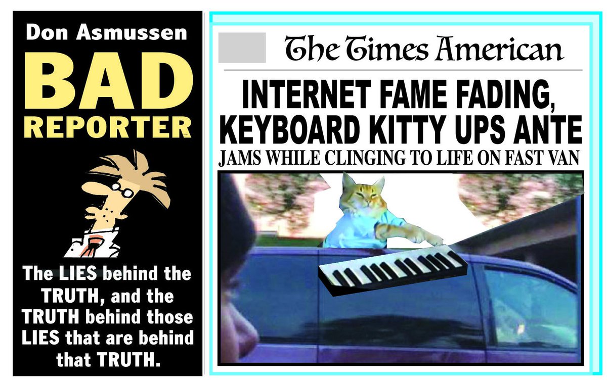 don_asmussen's tweet photo. CAT CLINGING TO LIFE ON SPEEDING CAR UPDATE at https://t.co/KuQg6fsktp
#CatOnTopOfSpeedingCar
#KeyboardKitty
#InternetCelebrity https://t.co/KeDzGMcIJ7
