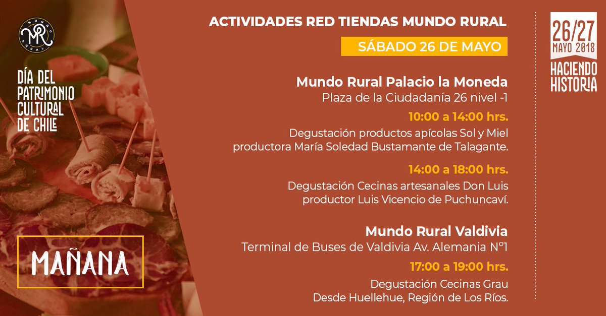 MundoRural_cl's tweet photo. Mañana comienza el #DiaDelPatrimonio 🇨🇱en tiendas #MundoRuralPalacioLaMoneda y #MundoRuralValdivia. Ven y disfruta degustaciones y conoce las historias de nuestros productores👨‍🌾 @CCPLM @Monumentos_cl @INDAP_Chile @redapicolachile @INDAPLosRios https://t.co/yAsPFTpMGC